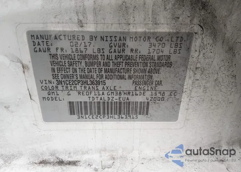 2017 Nissan Versa Note Sv z USA, uszkodzony, nr VIN 3N1CE2CP3HL363915